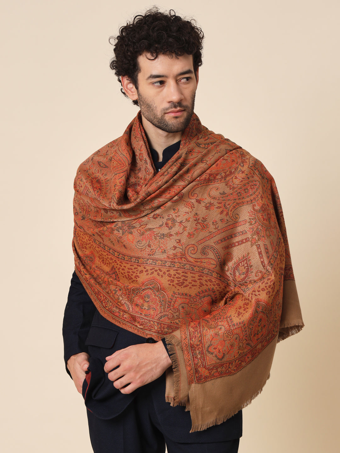 Jacquard Woollen Woven Shawl for Men in Jamawar Patterns | Brown
