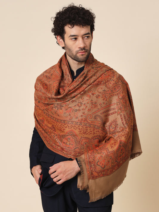 Jacquard Woollen Woven Shawl for Men in Jamawar Patterns | Brown