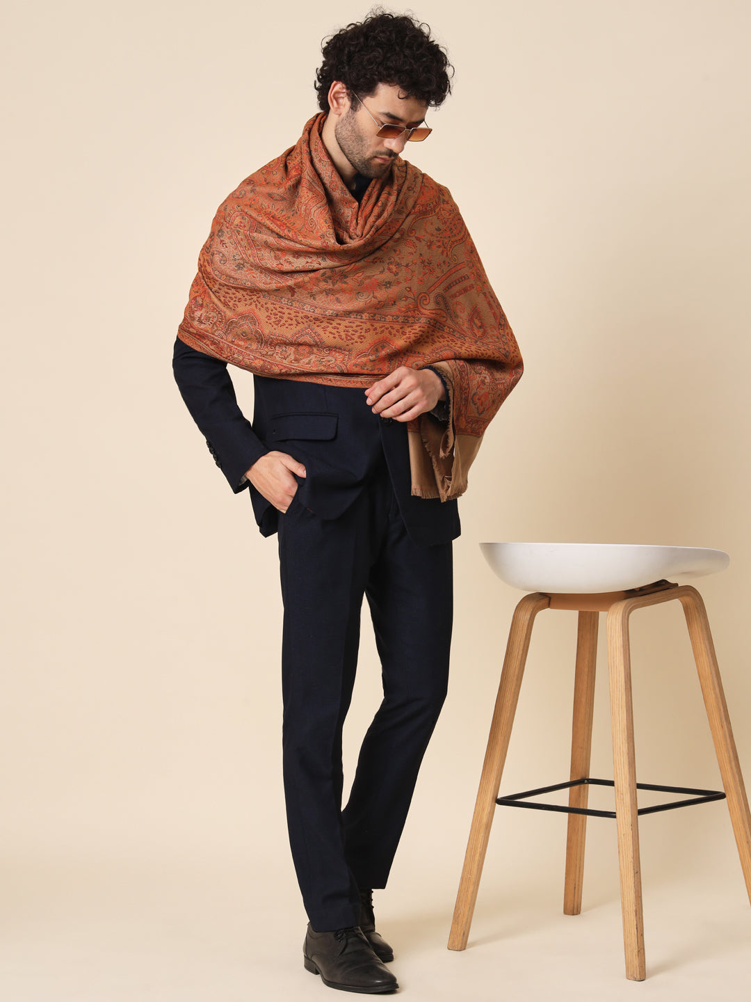 Jacquard Woollen Woven Shawl for Men in Jamawar Patterns | Brown