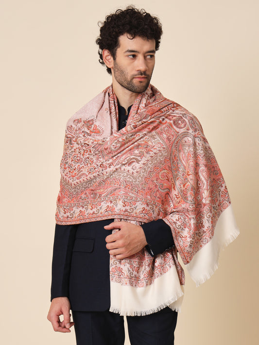 Jacquard Woollen Woven Shawl for Men in Jamawar Patterns | White