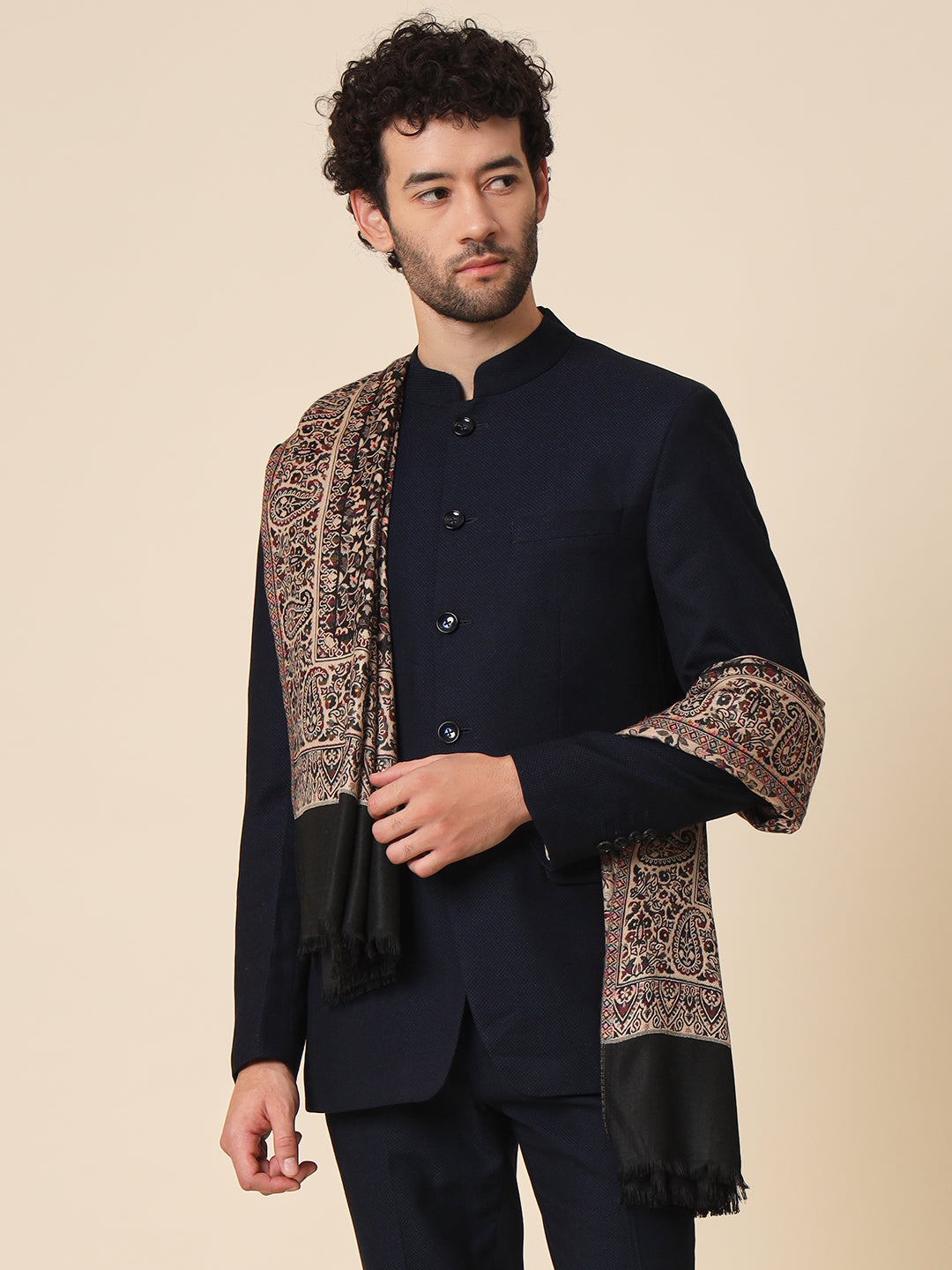 Kani Weave Woven Shawl for Men in Paisley Design | Black