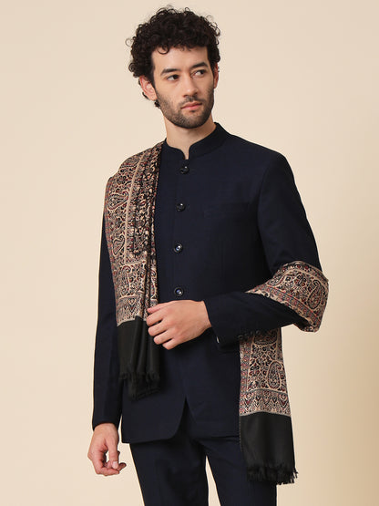 Kani Weave Woven Shawl for Men in Paisley Design | Black