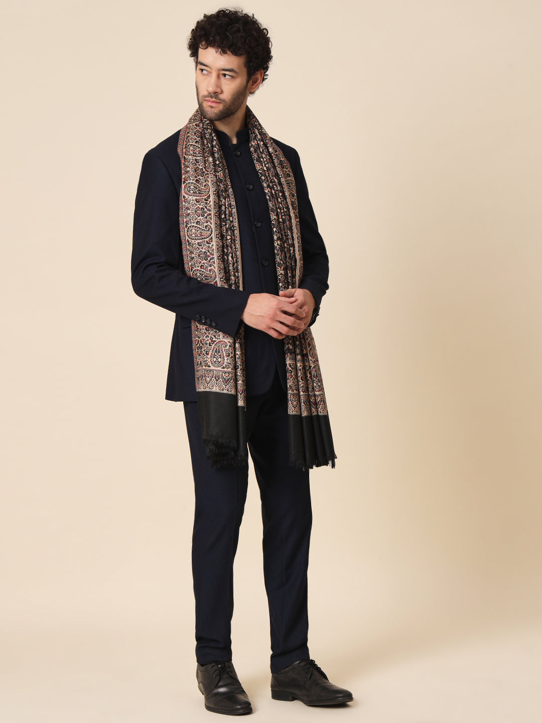Kani Weave Woven Shawl for Men in Paisley Design | Black