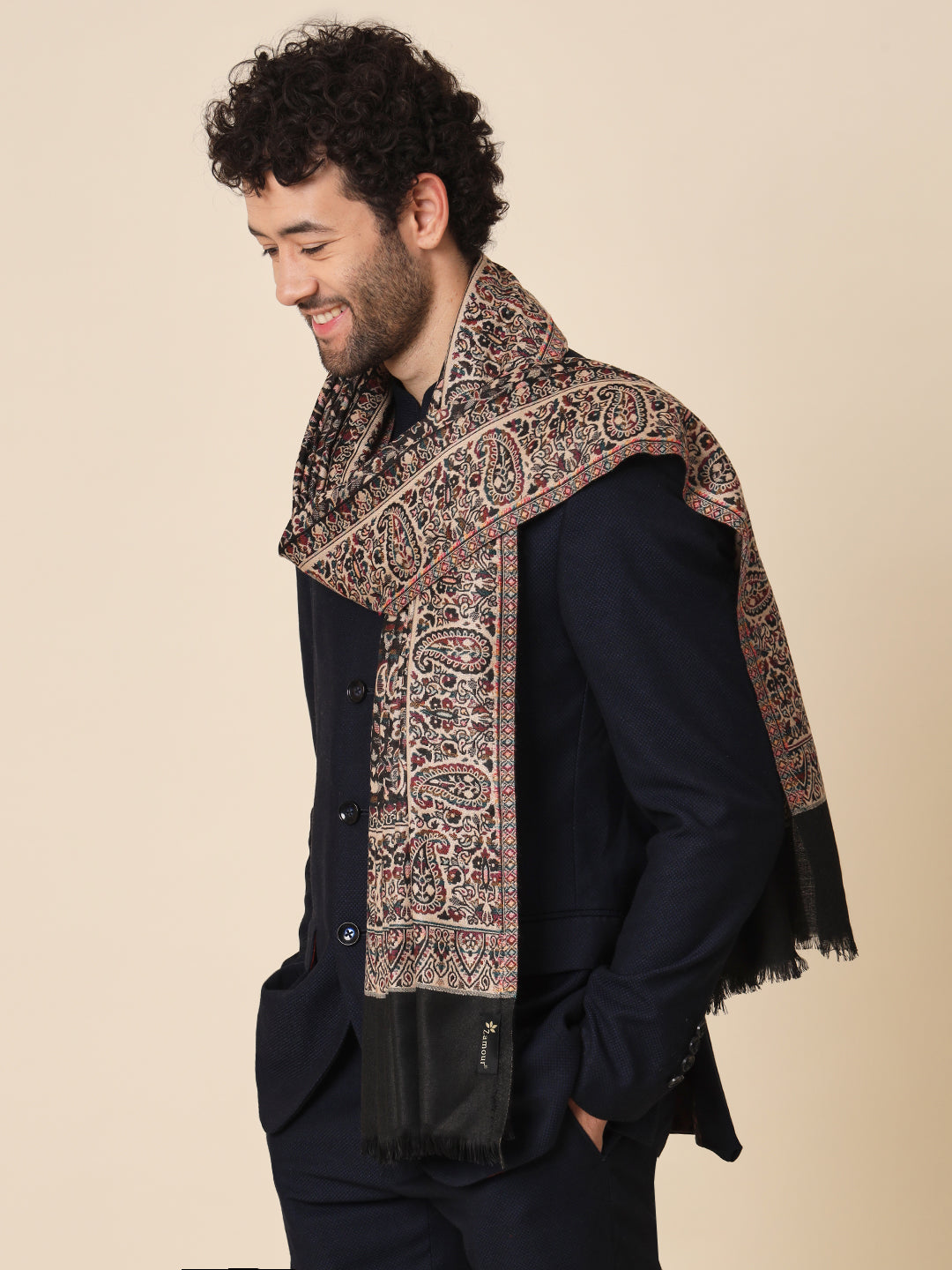 Kani Weave Woven Shawl for Men in Paisley Design | Black