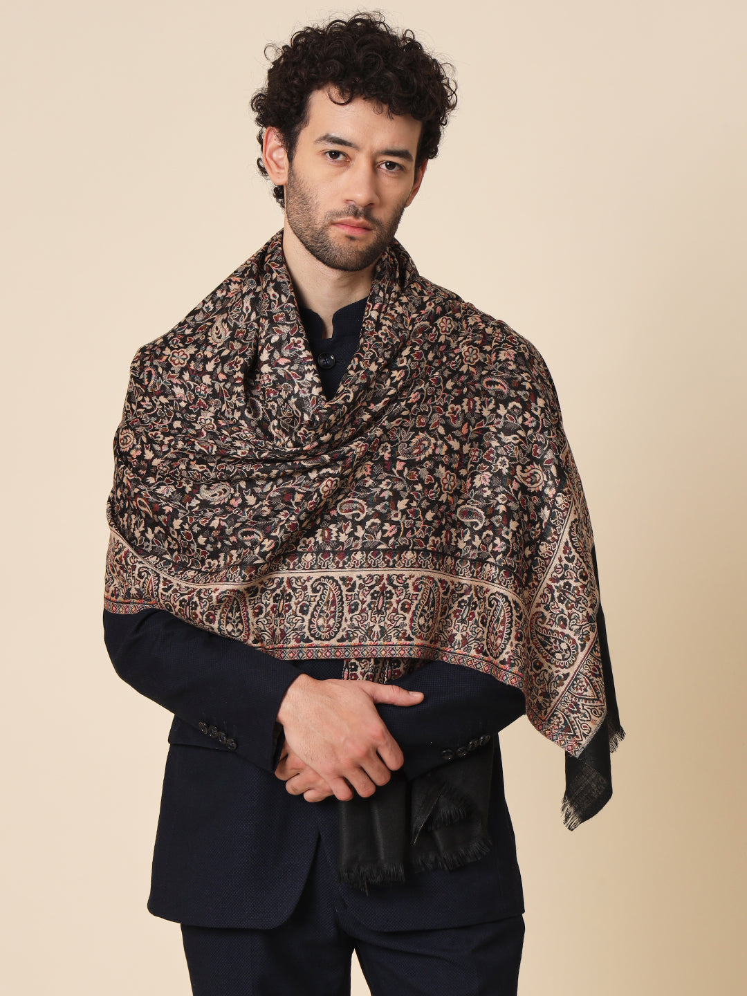 Kani Weave Woven Shawl for Men in Paisley Design | Black