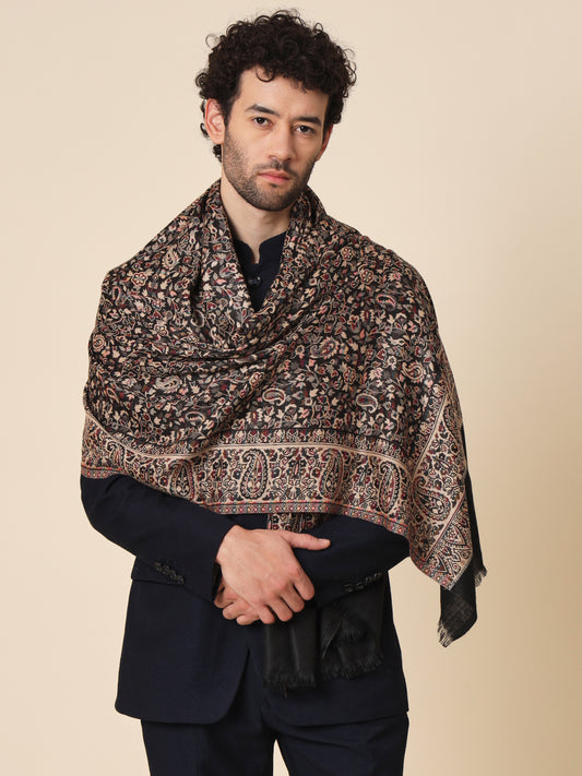 Kani Weave Woven Shawl for Men in Paisley Design | Black
