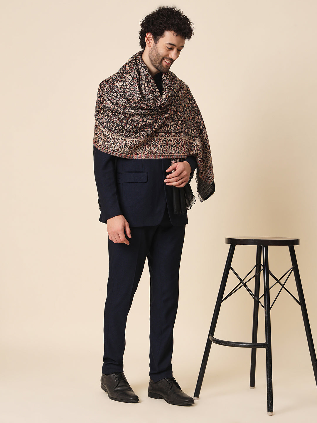 Kani Weave Woven Shawl for Men in Paisley Design | Black