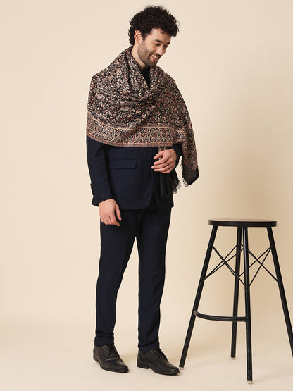 Kani Weave Woven Shawl for Men in Paisley Design | Black
