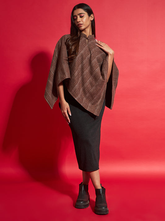 Woven Striped Cashmelon thick Poncho for Women with Mandarin Collar and Lining | Brown