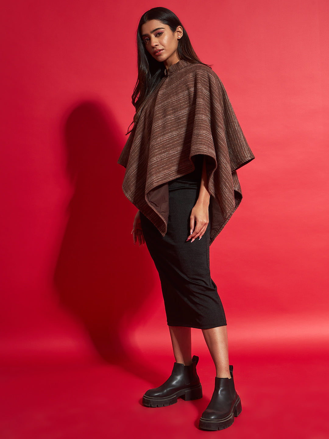 Woven Striped Cashmelon thick Poncho for Women with Mandarin Collar and Lining | Brown
