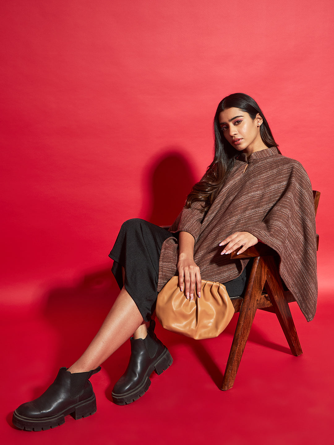Woven Striped Cashmelon thick Poncho for Women with Mandarin Collar and Lining | Brown