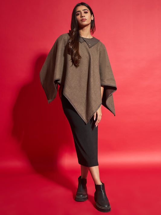 Woven Checked Cashmelon thick Poncho for Women with Double Collar and Lining | Beige