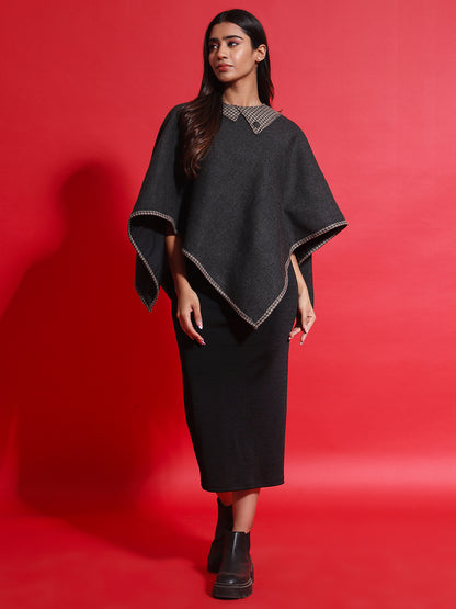 Woven Checked Cashmelon thick Poncho for Women with Double Collar and Lining | Grey