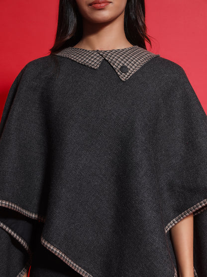Woven Checked Cashmelon thick Poncho for Women with Double Collar and Lining | Grey
