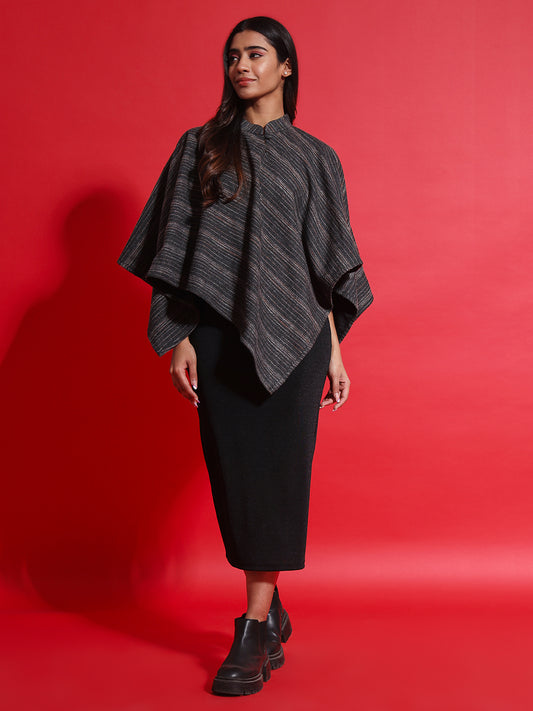 Woven Striped Cashmelon thick Poncho for Women with Mandarin Collar and Lining | Grey