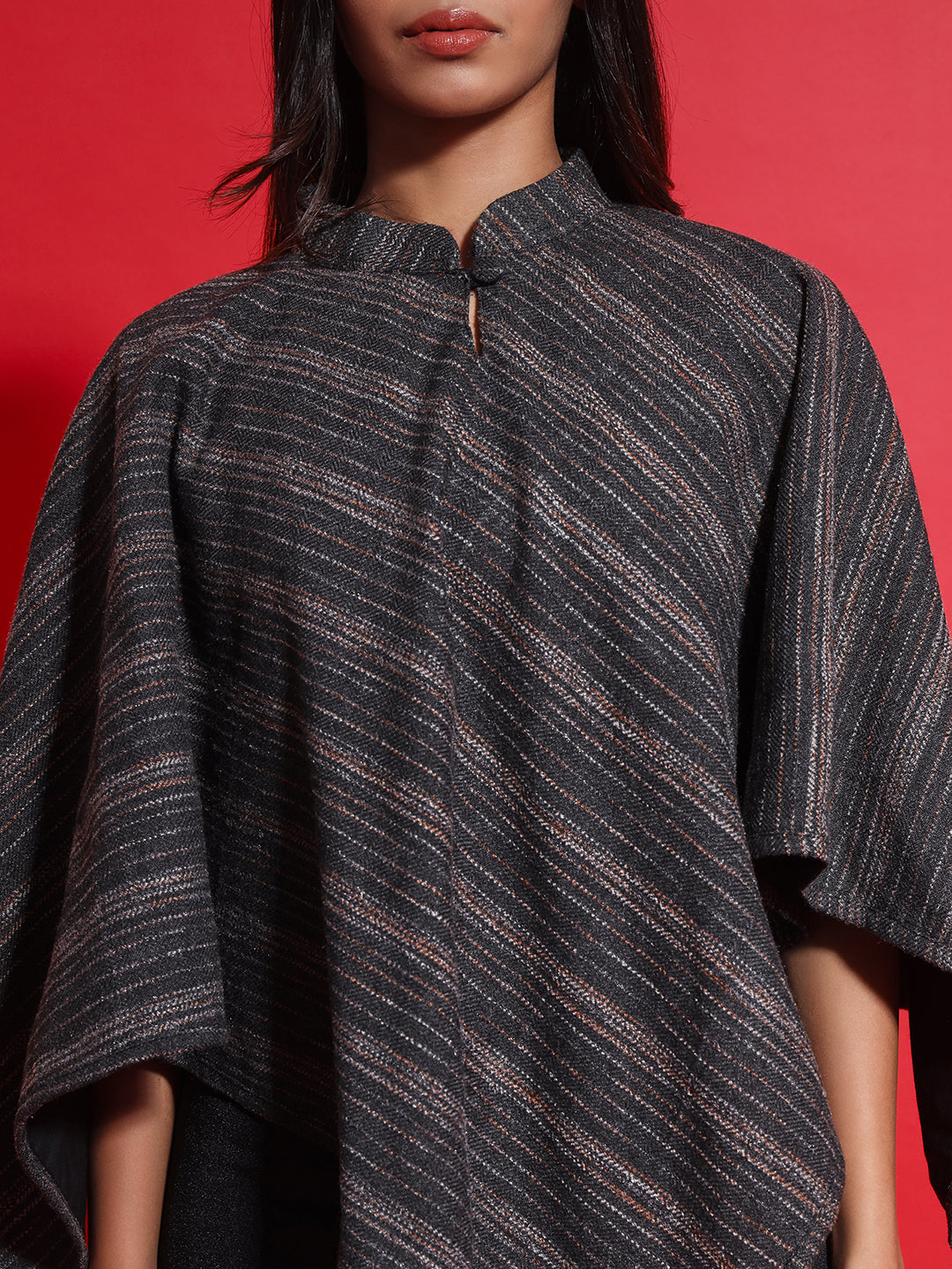 Woven Striped Cashmelon thick Poncho for Women with Mandarin Collar and Lining | Grey