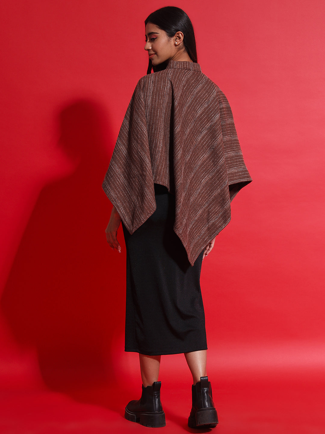 Woven Striped Cashmelon thick Poncho for Women with Mandarin Collar and Lining | Brown