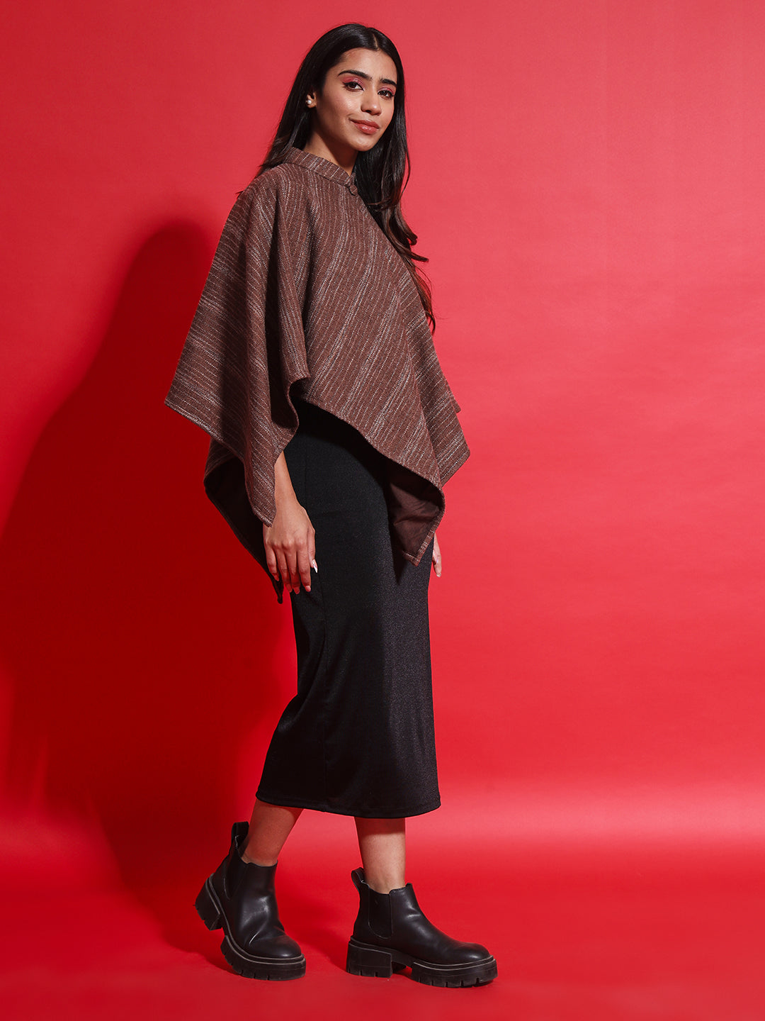 Woven Striped Cashmelon thick Poncho for Women with Mandarin Collar and Lining | Brown