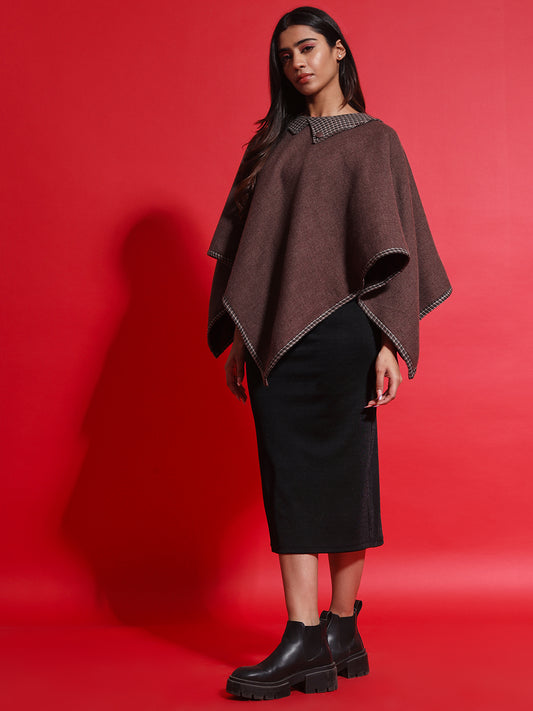 Woven Checked Cashmelon thick Poncho for Women with Double Collar and Lining | Brown