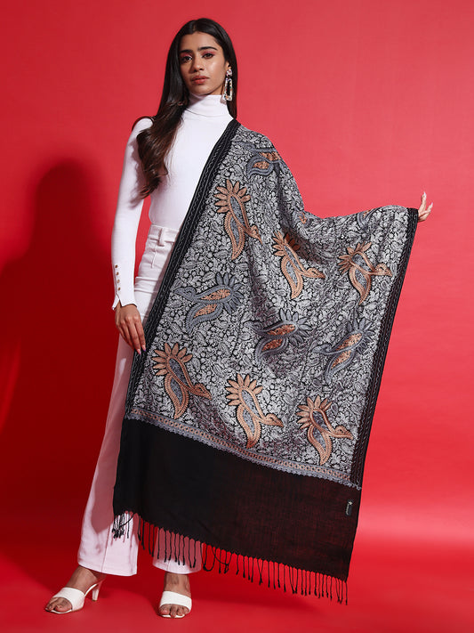 Woollen Pashmina Feel Stole in Silk Embroidery for Women | Black