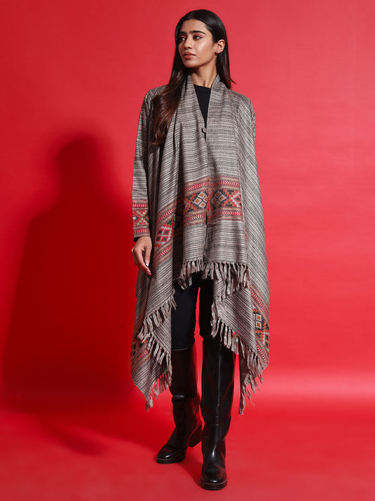 Women's Woven Full Sleeves Cape Shrug in Himalayan Stripes | Grey