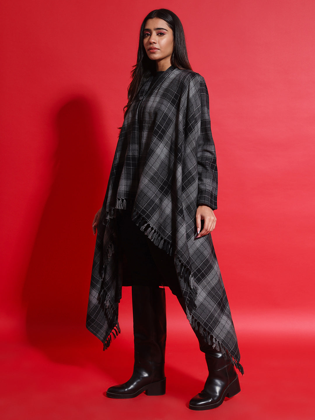 Women's Woven Full Sleeves Cape Shrug in Checked Pattern | Black