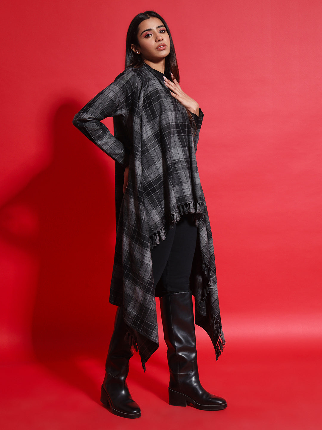 Women's Woven Full Sleeves Cape Shrug in Checked Pattern | Black