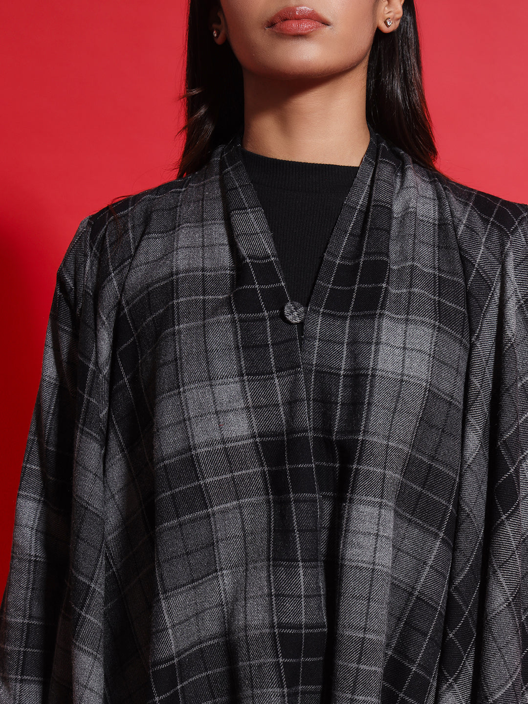 Women's Woven Full Sleeves Cape Shrug in Checked Pattern | Black