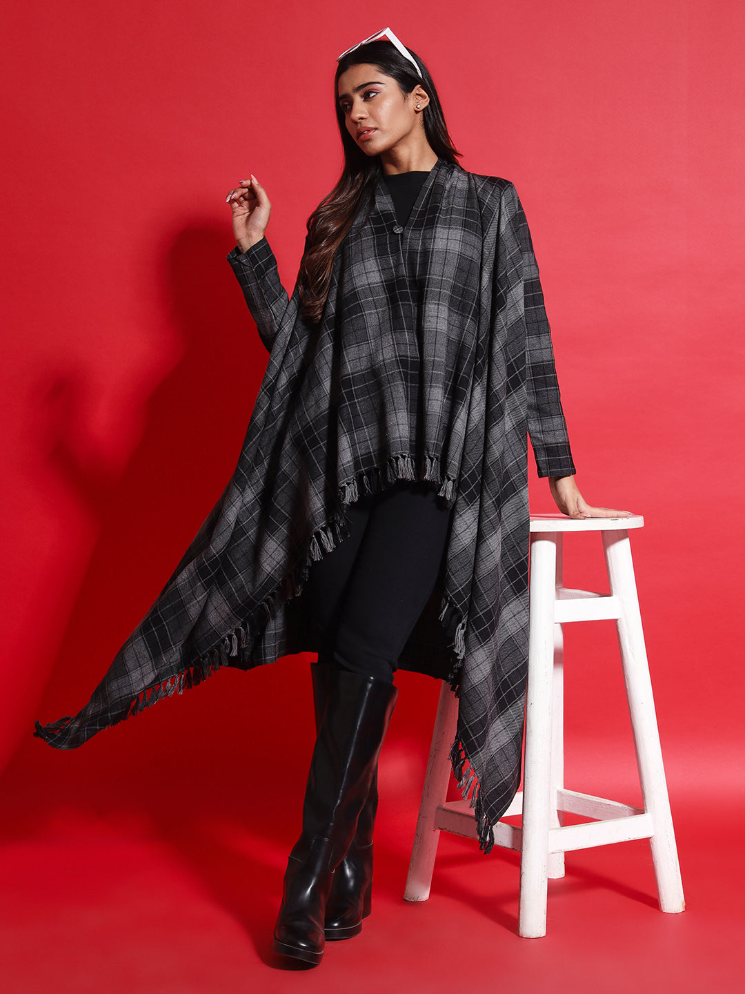 Women's Woven Full Sleeves Cape Shrug in Checked Pattern | Black