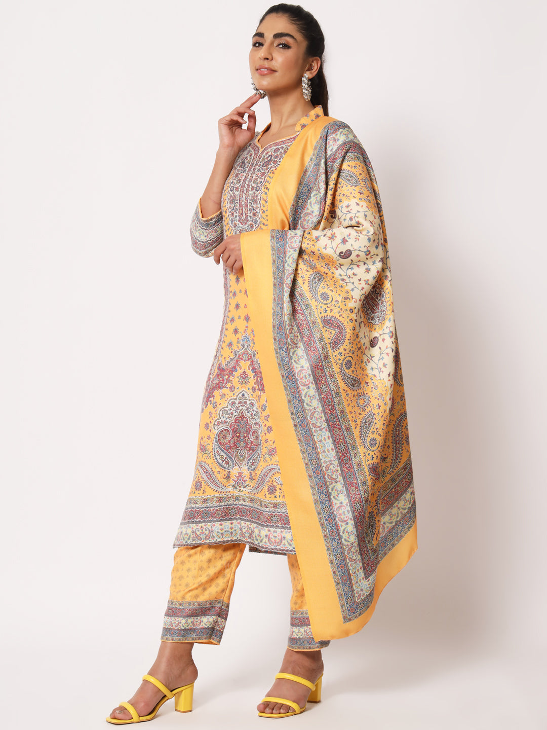Unstitched Printed Design Kalamkari Handwork Dress Material | Yellow