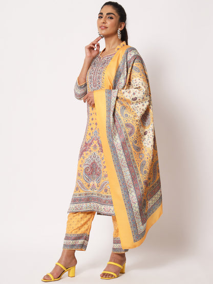 Unstitched Printed Design Kalamkari Handwork Dress Material | Yellow