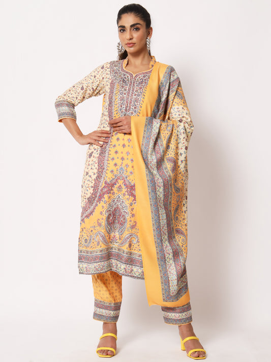 Unstitched Printed Design Kalamkari Handwork Dress Material | Yellow