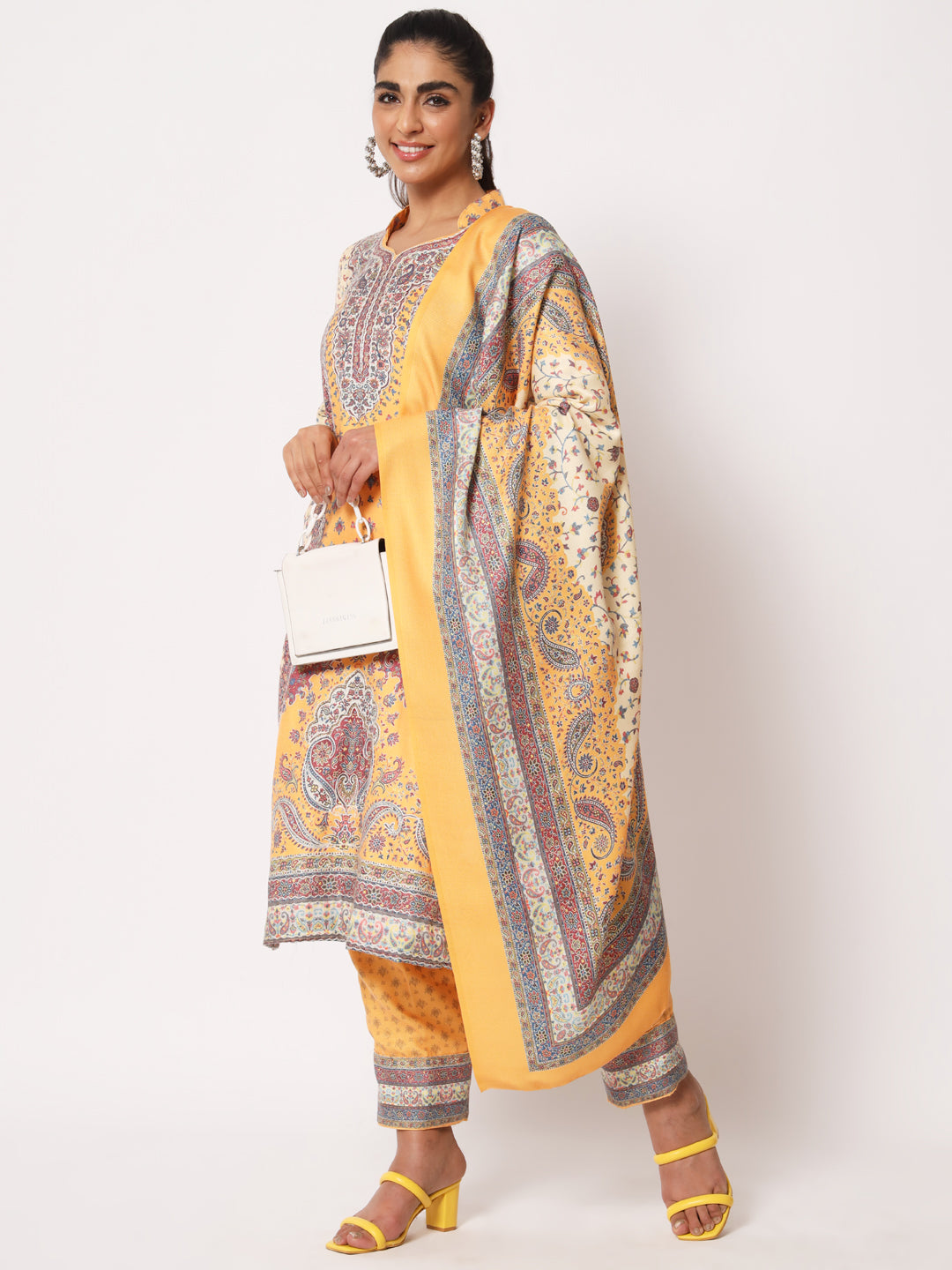Unstitched Printed Design Kalamkari Handwork Dress Material | Yellow