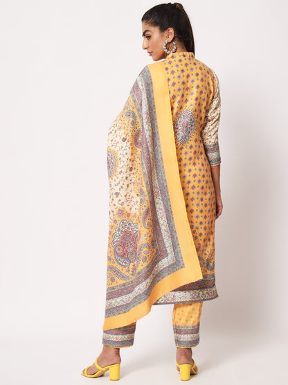 Unstitched Printed Design Kalamkari Handwork Dress Material | Yellow