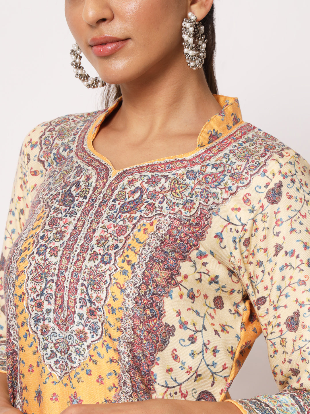 Unstitched Printed Design Kalamkari Handwork Dress Material | Yellow