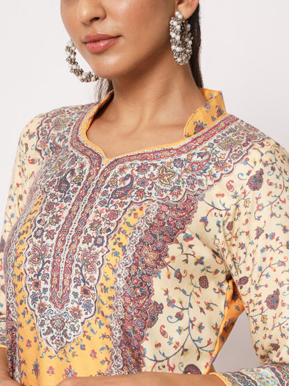 Unstitched Printed Design Kalamkari Handwork Dress Material | Yellow