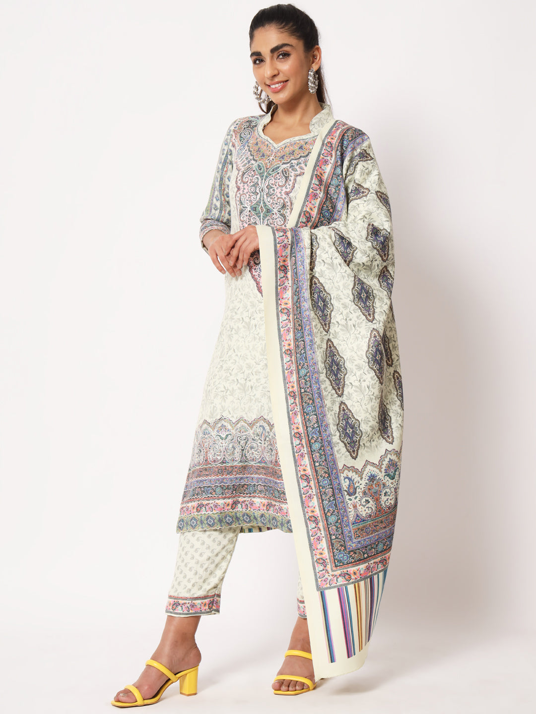 Unstitched Printed Design Kalamkari Handwork Dress Material | Pista