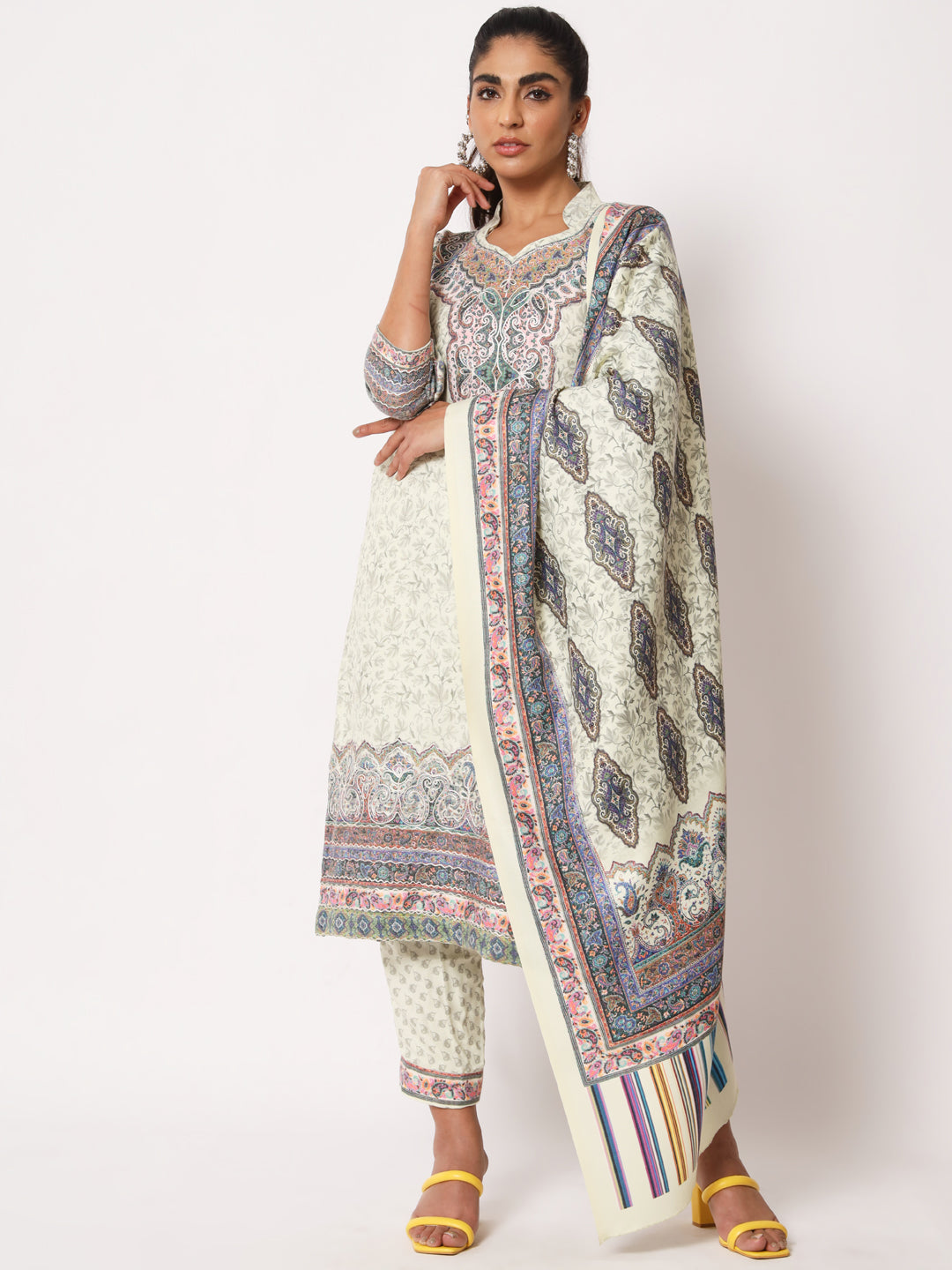 Unstitched Printed Design Kalamkari Handwork Dress Material | Pista