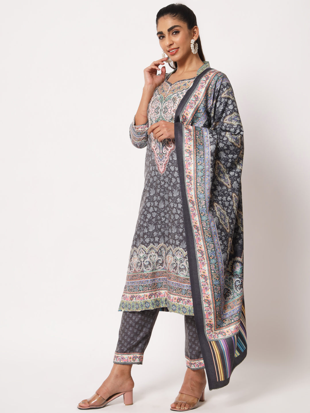 Unstitched Printed Design Kalamkari Handwork Dress Material | Black