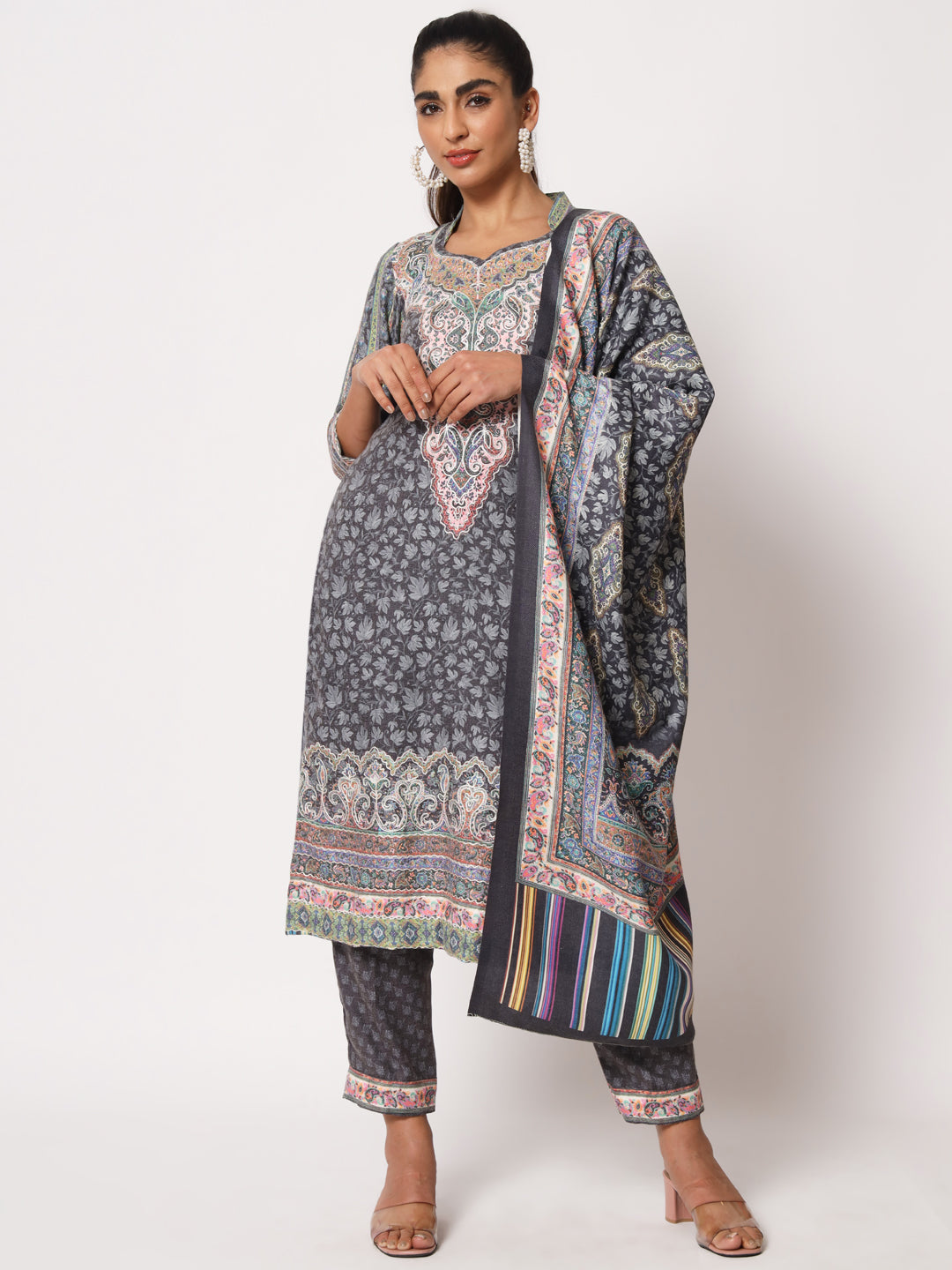 Unstitched Printed Design Kalamkari Handwork Dress Material | Black