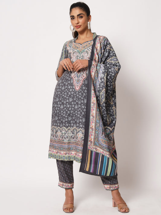 Unstitched Printed Design Kalamkari Handwork Dress Material | Black