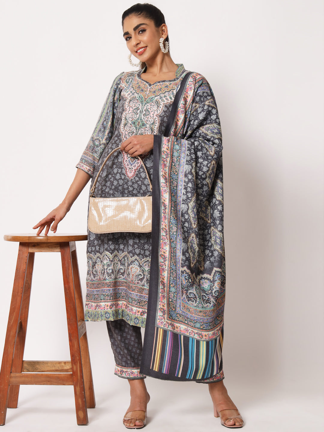 Unstitched Printed Design Kalamkari Handwork Dress Material | Black