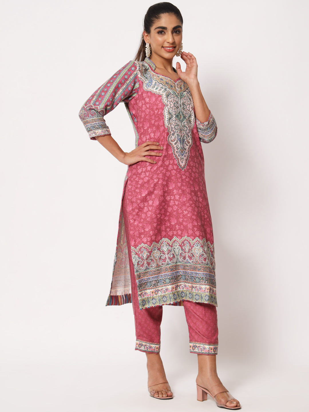 Unstitched Printed Design Kalamkari Handwork Dress Material | Pink