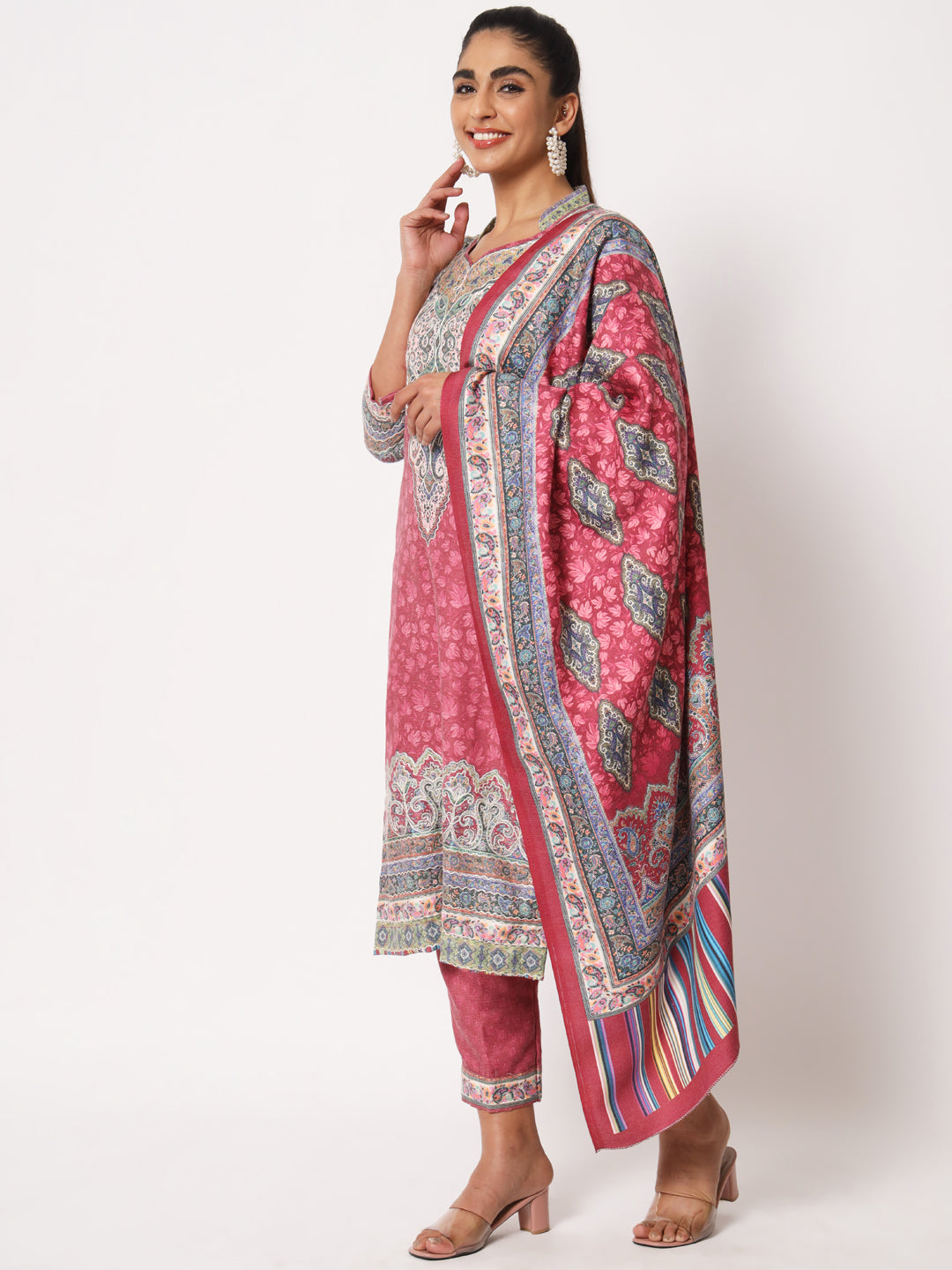 Unstitched Printed Design Kalamkari Handwork Dress Material | Pink