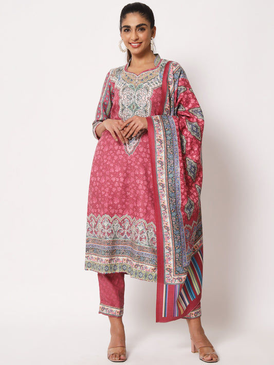 Unstitched Printed Design Kalamkari Handwork Dress Material | Pink