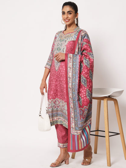 Unstitched Printed Design Kalamkari Handwork Dress Material | Pink