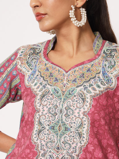 Unstitched Printed Design Kalamkari Handwork Dress Material | Pink