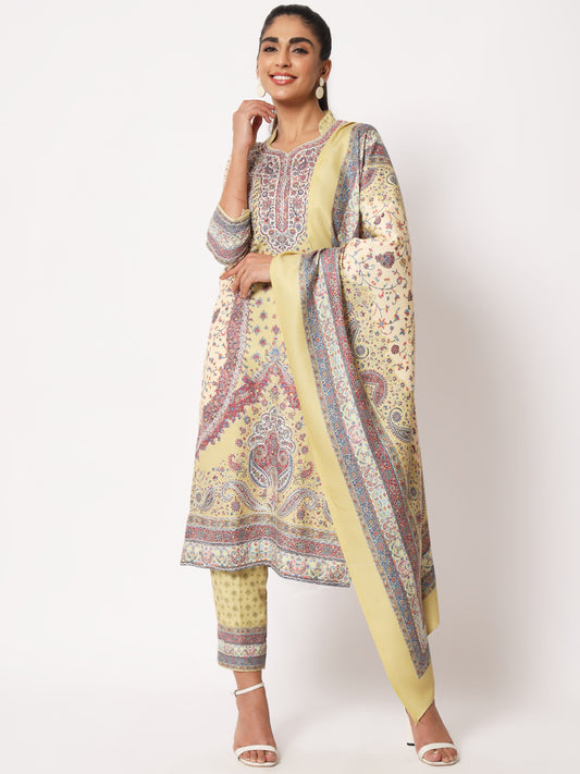 Unstitched Printed Design Kalamkari Handwork Dress Material | Pista