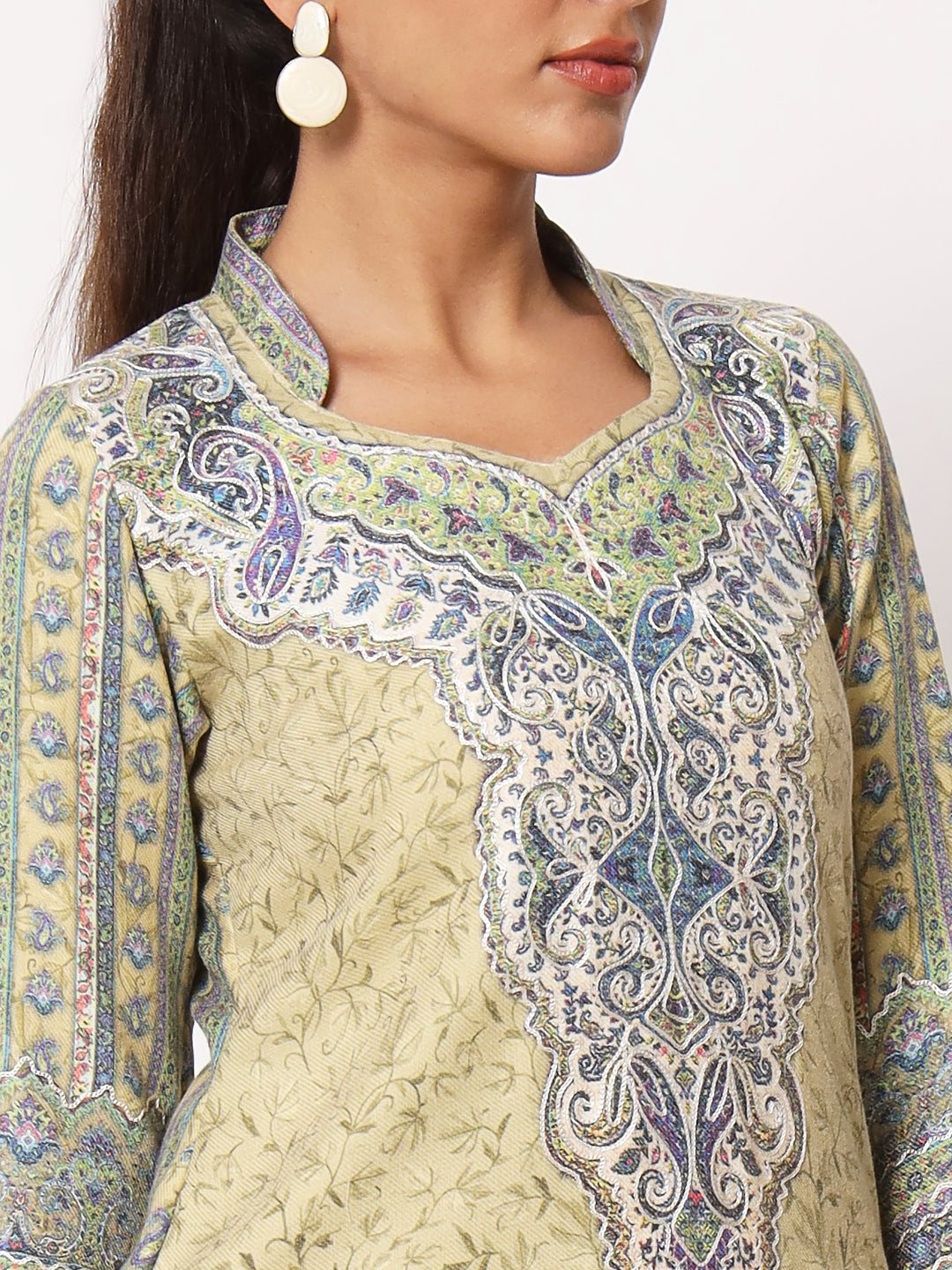 Unstitched Printed Design Kalamkari Handwork Dress Material | Olive