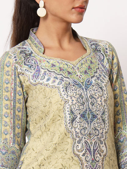 Unstitched Printed Design Kalamkari Handwork Dress Material | Olive